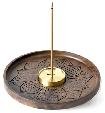 12 x 12 x 2 cm - Porte-encens en bois - 3 trous - Fleur de lotus - Porte-encens - Méditation - Yoga - Aide au sommeil - Décoration - Semi-fait à la main