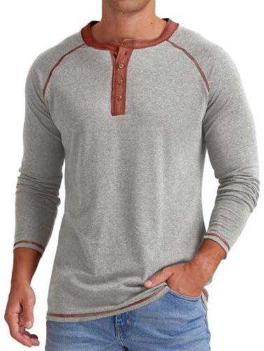 Sailwind Mens Henley Long Sleeve T-Shirt Cotton Casual Shirt (Light Grey, L)