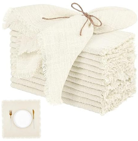 Beige Leinenservietten-Set mit 12 Stoffservietten, quadratisch, rustikale Stoffservietten mit Fransen, weich, waschbar, wiederverwendbar, für Hochzeit, Party, Esstisch, Beige, 12 Stück, 12 Stück, Lein