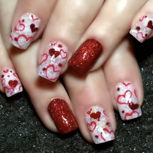 Valentine False Nails Short, SXVME Glitter Red Press On Nails Square with Heart Desgin Cute Acrylic Fake Nails Press ons Sparkle Valentine Stick on Nails For Women 24 Pcs