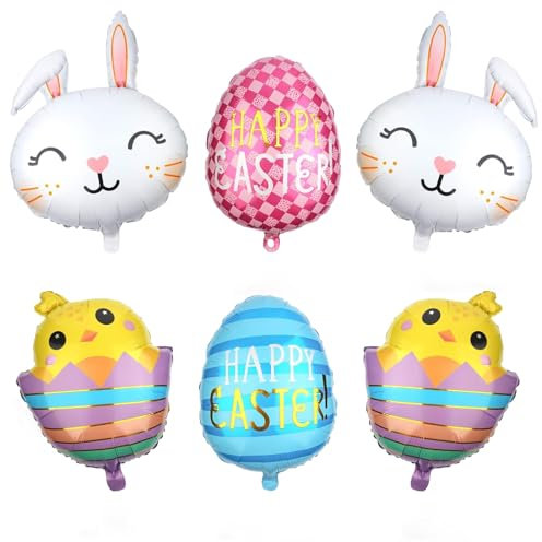 Ostern Luftballons 6 Stück Hase Folienballon Osterballons Osterei Luftballons Küken Folienballon Happy Easter Ballons Osterdeko Set Hasen Deko Ostern