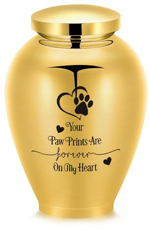 AIWENXI Gold Urne mit Hundepfoten Herz für Hunde und Katzen - Edelstahl Ascheurne mit Schraubdeckel und Geschenkbox