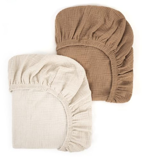 Peepeemax Musselin-Baumwolle Spannbettlaken 80x40cm, Kinderwagen Spannbettlaken Stubenwagen Matratzenbezug für Moseskorb, Babybett und Beistellbett für Jungen und Mädchen, 2er Pack, Hellbraun