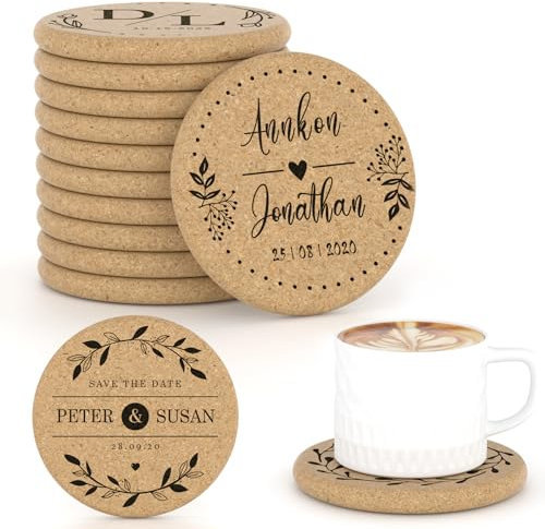 Shueewago Lot de 30 à 100 sous-verres en liège personnalisés pour boissons, ronds de 10,2 cm, cadeaux de mariage pour invités, dessous de verre personnalisés en vrac avec image ou logo gravé au laser,