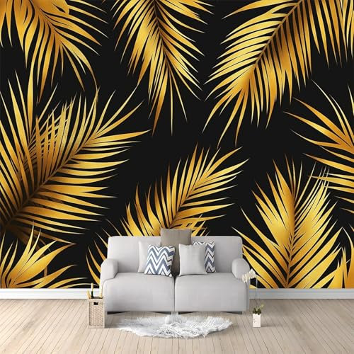 WHUOEUCO 3D Foto Tapete Goldene Palmblätter 500x280 cm Motivtapeten Wandbild Vlies Fototapete Poster Wandtapete, für Schlafzimmer Wohnzimmer TV-Hintergrund Wanddeko