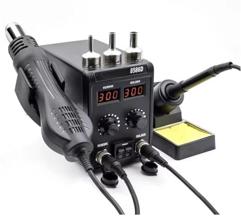 Uxsjakjsd Poste à Souder 8586D avec Affichage à Cristaux Liquides, Affichage Numérique Double, Soudage Électrique 2 en 1 750W, Station de Reprise à Air Chaud, Prise EU