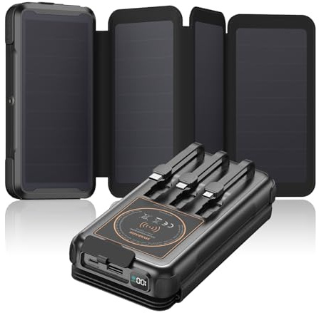 Blivein Power Bank Cargador Solar - 25000mAh Bateria Externa Inalámbrico con 3 Cables Integrados - USB C Bateria Portatil con 4 Paneles Solares - 20W Powerbank Carga Rápida con Linterna