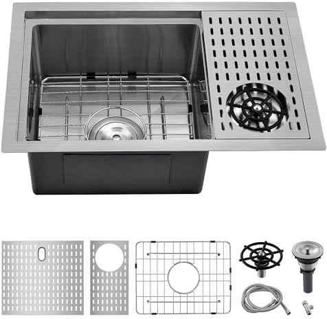 25 Inch Stainless Steel Kitchen Bar Sink With Glass Rinser, Scamall 23x15 Small Kitchen Sink With Cup Washer 16 Gauge Stainless Steel Undermount Workstation Sinks SM015SBG-4