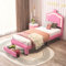 Polsterbett Kinderbett 90x200 cm, LED Mädchen Bett, Einzelbett für Mädchen mit Schubladen, Bettgestell mit Höhenverstellbar Kopfteil in Kronenformung und Lattenrost, Jugendbett aus Holz und PU-Leder