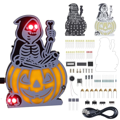Kürbis mit Skelett-Hexe Löten Bausatz, BANRIA DIY Elektronik Kit mit 5 Licht-Effekten & Sound – Lernprojekt mit Deutscher Anleitung für Hobby-Elektronik, Löten üben & Halloween-Deko Geschenk