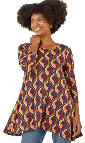 Roman Originals Hanky Hem Tunic Top for Women UK - Ladies Longline Blouse Asymmetric Hemline Casual Slouch Loose 3/4 Sleeves Round Neck Relaxed Comfortable Holiday - Orange Geometric - Size 18