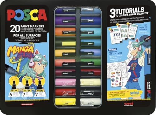 POSCA 186833 Marker Set Manga Hero, 20 Acrylstifte inkl. Tutorials, Poster und Sticker, PC-1M, PC-3M, PC-5M