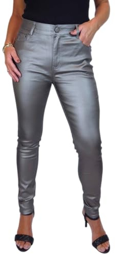 Women's High Waist Leather Look Jeans Ladies Skinny Coated Trousers | Very Stretchy Coated Trouser, Jeans Style, Ladies Faux Leather Pants with Pockets