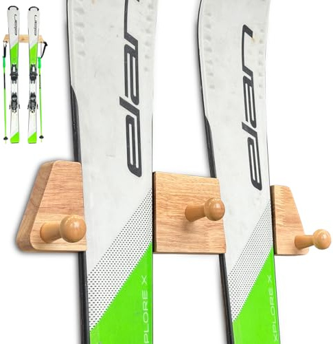 Tuiiopoli Ski Rack with 3 Wood Hook - Minimalist Oakwood Style Snowboard Wall Mount Storage Damage-Free Modern Floating Display Hanger for Home Garage Longboard Holder Vertical (Medium)