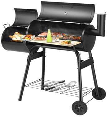 Holzkohlegrill mit versetztem Smoker, leicht zu bewegenden Rädern und Beistelltisch für kleine Terrassen, perfektes Kochen im Freien für Grillliebhaber