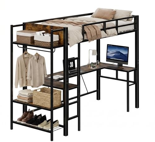 EGGREE Hochbett 90x200 Jugendbett mit Treppe und Rausfallschutz Bunk Bed mit LED Beleuchtung und Ladestation, Etagenbett mit Garderobenständer Schuhregal Ablagen,platzsparendes Jugendbett, Industrial