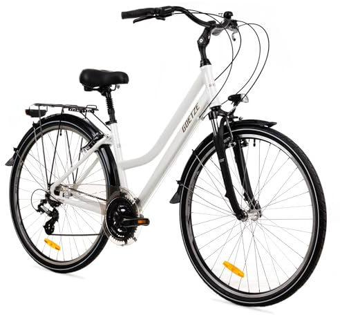Goetze Picnic Damen Trekkingrad 28 Zoll Alu 21-Gang, 17/19 Zoll Rahmen | Mit Federgabel, verstellbarem Vorbau, gefederter Sattelstütze, LED-Beleuchtung und Gepäckträger