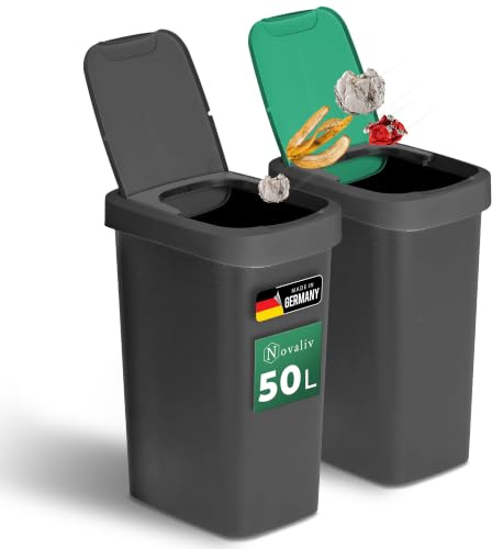 Novaliv Système de tri sélectif 50L Ensemble de 2 poubelles avec couvercle à battant, tri des déchets pour la cuisine, séparation des déchets, Noir Vert, Système de tri des déchets de recyclage pour
