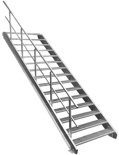 15 Stufen Stahltreppe mit einseitigem Geländer/Breite 70cm Geschosshöhe 250-320cm / Robuste Außentreppe/Wangentreppe/Stabile Industrietreppe für den Außenbereich/Inklusive Zubehör