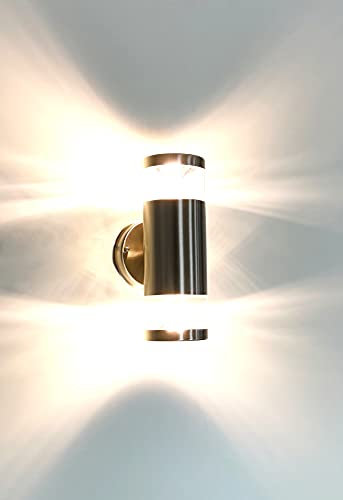 Trango 8003-HP IP44 Alu Up & Down Wandlampe inkl. 2x 3000K warmweiß GU10 LED Leuchtmittel Wandstrahler Rund Edelstahl gebürstet in Rund als innen & außen Wandstrahler, Außenwandleuchte, Außenstrahler