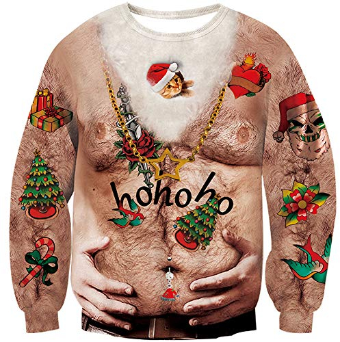 Loveternal Christmas Hemd Unisex Ugly Sweater 3D Druck Hässliche Weihnachtspullover Langarm Xmas Pullover Hairy Chest Jumper M