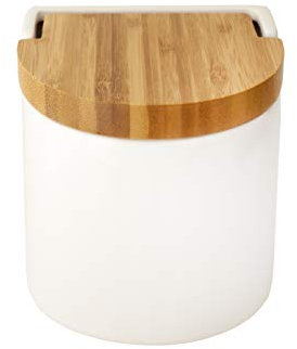 KOOK TIME - Salero de cocina con tapa de madera de bambú basculante, color blanco de cocina con base de cerámica para uso como salero y azúcar o tienda de comestibles, 11,7 x 11,5 x 11,3 cm.