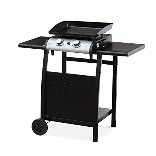 Alice's Garden - Plancha au gaz 2 brûleurs sur Chariot - Porthos - 5kW. plancha à gaz avec desserte Cuisine extérieure. Plaque émaillée. INOX. Barbecue