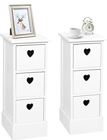 Jooli H 3 Drawer Bedside Table Set of 2, White Storage Cabinet with 3 Heart-shaped Drawers Side Table for Bedroom Living Room, 25x30x64cm