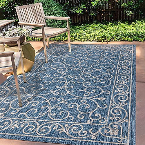 JONATHAN Y SMB106D-8 Charleston Vintage Filigree testurizzate trama da esterno tappeto esterno, classico, tradizionale, facile pulito,cortile,patio, non spargimento, blu scuro/grigio, 240 cm X 300 cm