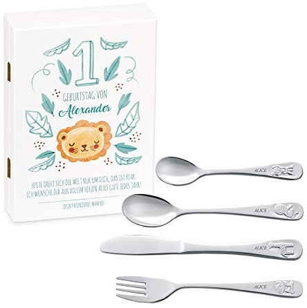 Maverton Kinderbesteck Set mit Gravur + Holzbox mit Aufdruck - mit Tieren - aus Edelstahl - Weiß - Geschenk für Jungen zum Geburtstag zur Taufe Geburt - Löwe