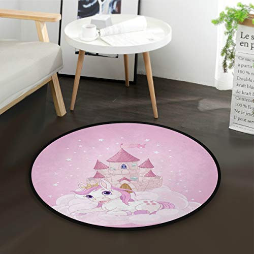 Mnsruu Tapis rond Motif licorne Motif château de licorne Rose pour salon Chambre à coucher Diamètre 92 cm
