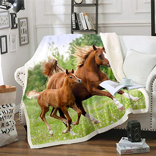 Coperta in pile con cavallo al galoppo, con stampa di cavalli, per divano e divano in 3D con animali selvatici in peluche, traspirante,