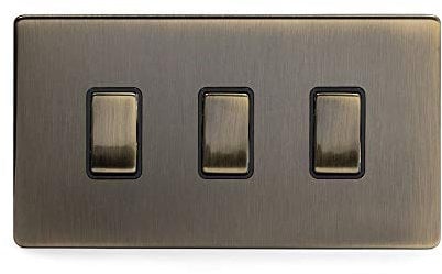 Soho Lighting Antique Brass 3 Gang Light Switch with 1 Intermediate (2 x 2 Way Switch with 1 Intermediate) Bk Ins Screwless