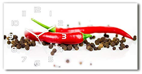 Tulup Wanduhr aus Glas 60x30 cm Glas Uhr Bild Glasuhr Gehärtetes Glas Küchenuhren - weiße Zeiger - Chili und Pfeffer