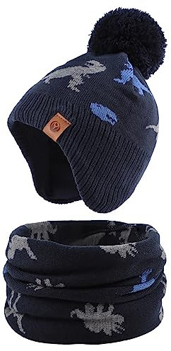 XIAOHAWANG Baby Strickmütze Winter Babymütze Junge Warme Kindermütze Junge Beanie Mütze Dicke Wintermütze für Herbst,Winter (Marine Dinosaurier(Hut+Schal), 2-4Jahren)