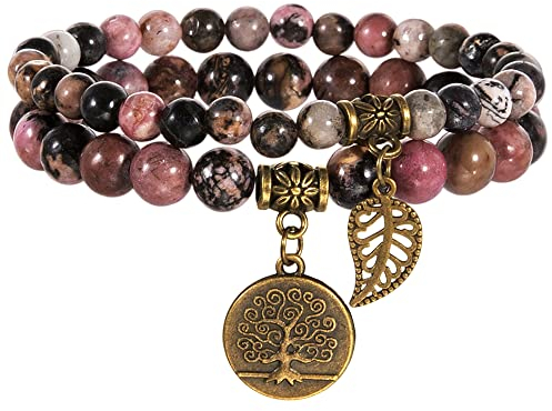 Farfume Chakra Armband Echte Steine, Echte Steine-Edelsteine Armband fur Damen (Rhodonit-Perlen und Baum des Lebens)