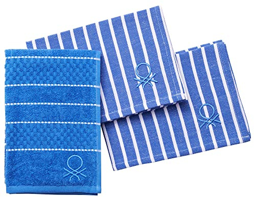 United Colors of Benetton Set mit 3 Servietten und Küchenhandtuch (1 x Terrytuch 50 x 50 cm + 2 x Servietten), 100% Baumwolle, blau