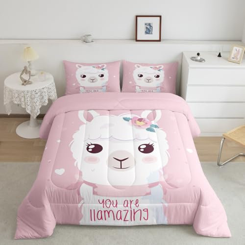 Feelyou Süßes Lama-Bettwäsche-Set, Queen-Size-Größe, weiches Mädchen, Rosa, Lama, Alpaka, Bettwäsche-Set mit Kissenbezug, niedliche Punkte, Badezimmerdecke für Jungen