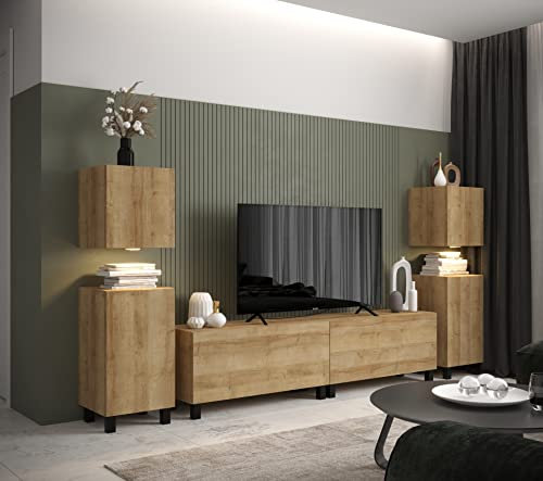 Furnitech Wohnwand Wohnzimmer | Wohnzimmer Möbel mit LED Weiß | Hängend Wohnwand Modern | Wohnzimmer Schrankwand mit Regale und TV Schrank (AN106-21DZ-M4-1A)