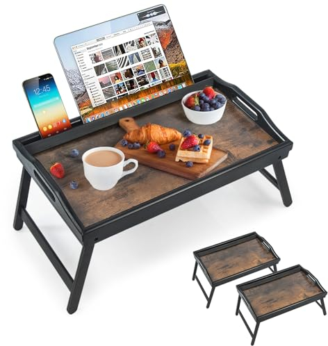 Confezione da 2 vassoi da letto da tavolo per la colazione vassoio da portata in bambù letto laptap gambe floding con manici e supporti per telefono