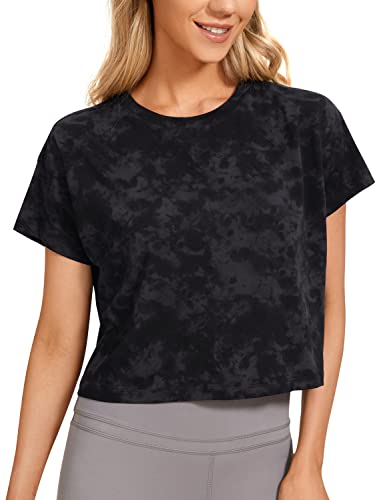 CRZ YOGA Damen Kurzarm Sport Tshirt Loose Baumwolle Fitness Crop Top Sommer Gym Workout Cropped Oberteile Der Rauchtintennebel 38