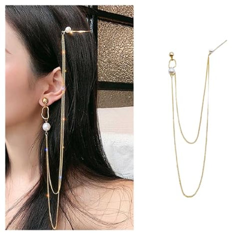 Inateannal Perlenohrstecker Lange Quastenkette Ohrringe Mit Haarnadel Einteilige Perlenhaarspange Perlenohrring Kette Statement-Schmuck Für Frauen Mädchen
