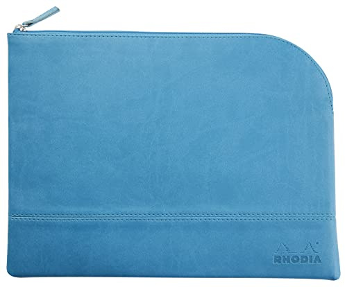 RHODIA 116736C - Faux Leather Zipped Pouch - Turquoise - Size L (21 x 28 cm) - Genuine Stitching - Orange Fabric Inside - Storage for Documents, Small Supplies