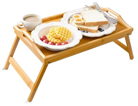 unycos - Bandeja para Cama de Bambú, Mesa Plegable Natural de Desayuno con Borde Alto, Auxiliar para Ordenador Portátil, Ideal para Trabajar, Leer o Comer en la Cama 50x30x22,3 cm (Mesa de Almuerzo)