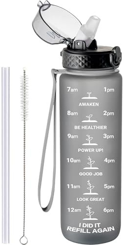 GOPPUS 1L/32oz Bouteille d'eau avec paille 1 litre réutilisables Bouteille de sport avec indication de l'heure Bouteilles de motivation avec mesure Bouteilles de boissons étanches Tritan sans BPA