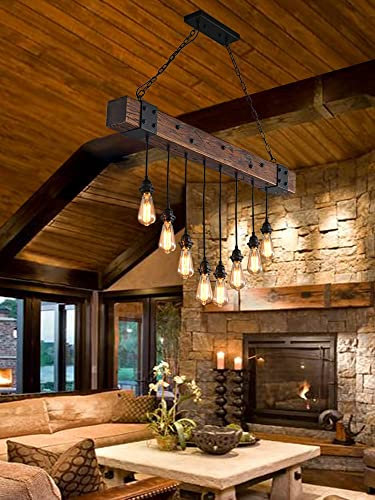 TMKOO E27 Hängeleuchte Retro Pendelleuchte Esstisch Industrial Hängelampe Aus Holz 8-Flammige Hängeleuchte Retro Esszimmerlampe Holzbalken Vintage Pendellampe Für Wohnzimmer Küche Bar Restaurant