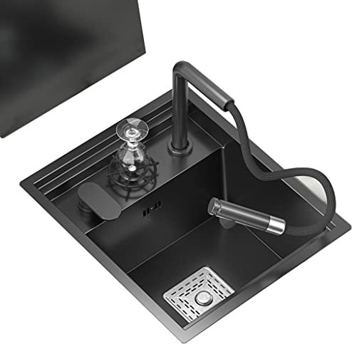 Fregadero Encastrado con Tapa Fregadero De Sifón con Grifo Extraible Elevable Lavavasos Fregadero De Barra De Acero Inoxidable para Cocina RV Balcón Mini Ranura Individual