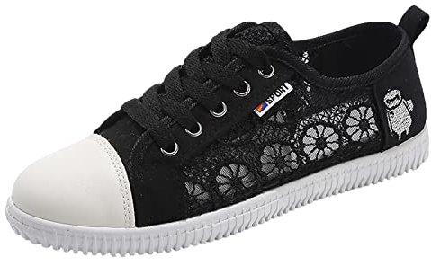 Jamron Damen Mädchen Sommer Stickerei Spitze Plimsolls Turnschuhe Schnüren Mesh Sneakers Schwarz SN0704108 EU37