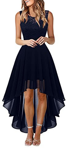 Robe en Dentelle pour Femme Soirée Cocktail Bal High Low Jupe Asymétrique en de sans Manche Robe pour Mariage avec Ceinture obe De Soiree Grande Taille Club Dress Chic Et Glamour Robes