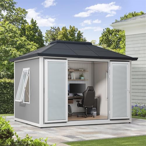 SUNJOY Abri de Jardin Bureau 3x3.8 m, Maisonnette Polyvalente avec Plancher, 2 Fenêtres et Portes Verrouillables, Bureau Extérieur, Gym Domicile